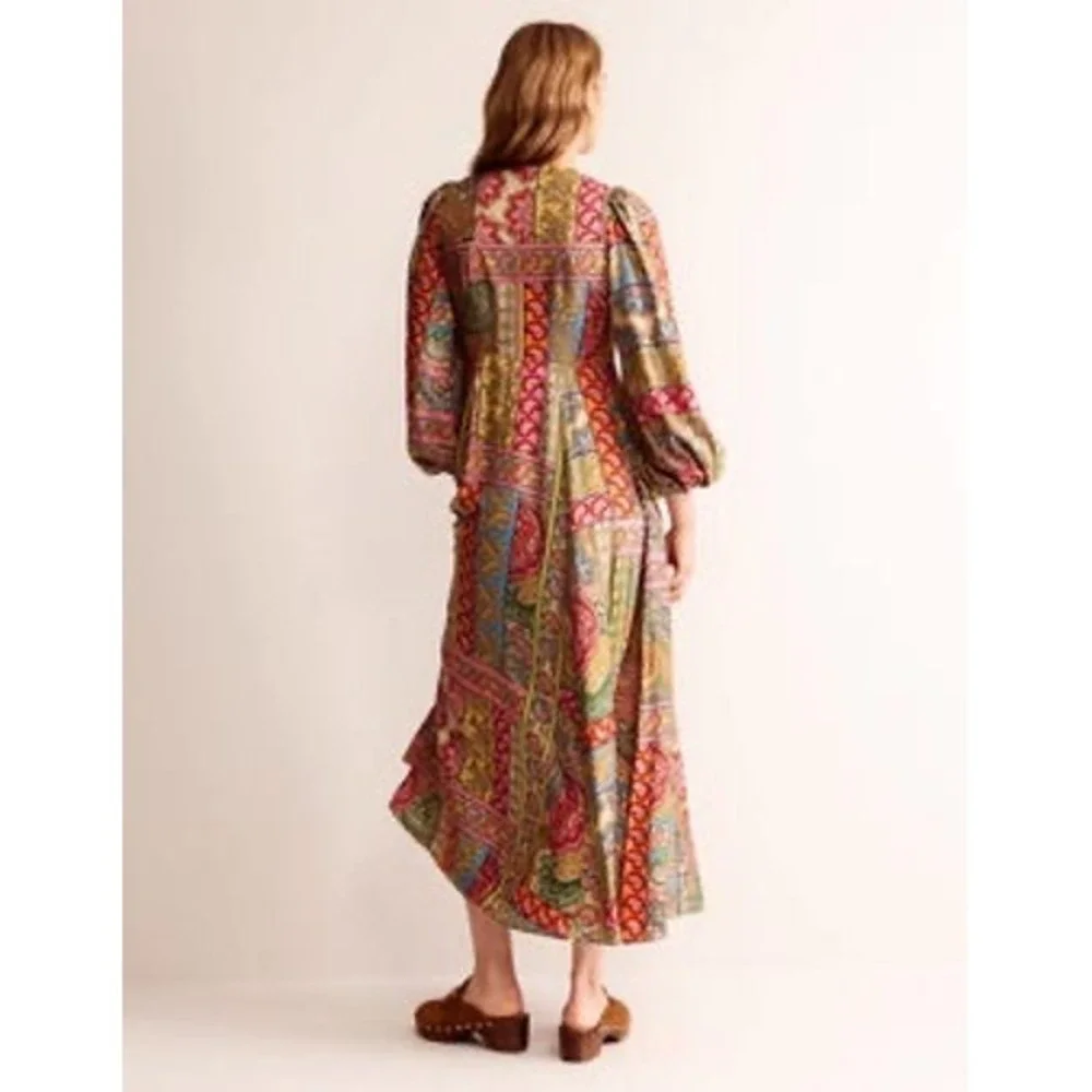 Boden Blouson Maxi Tea Dress Women 14 Pink Paisley Silk Blend‎ Flowy Cottagecore